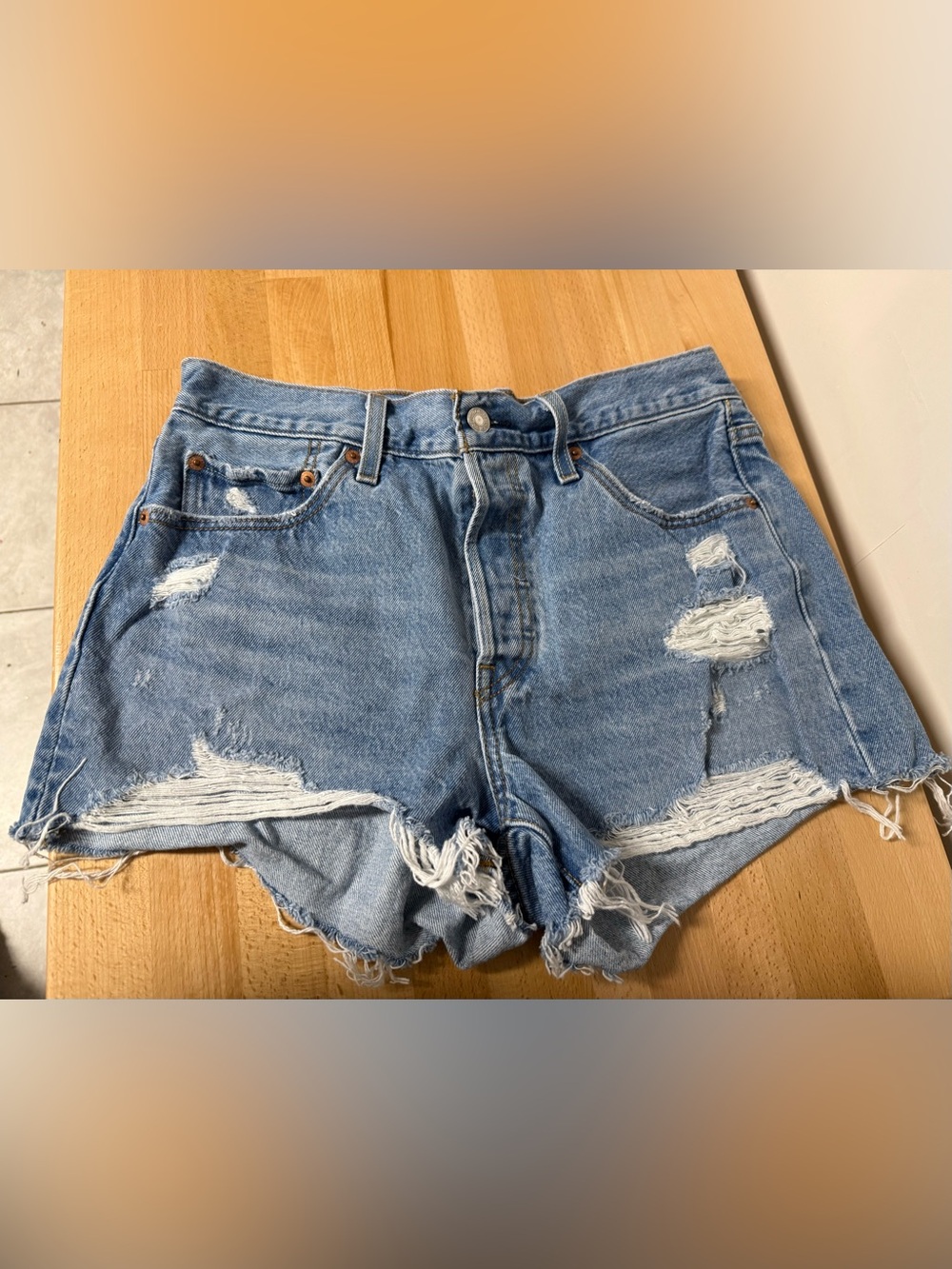 Levi's 501 Light Blue Ripped Denim cut off Shorts